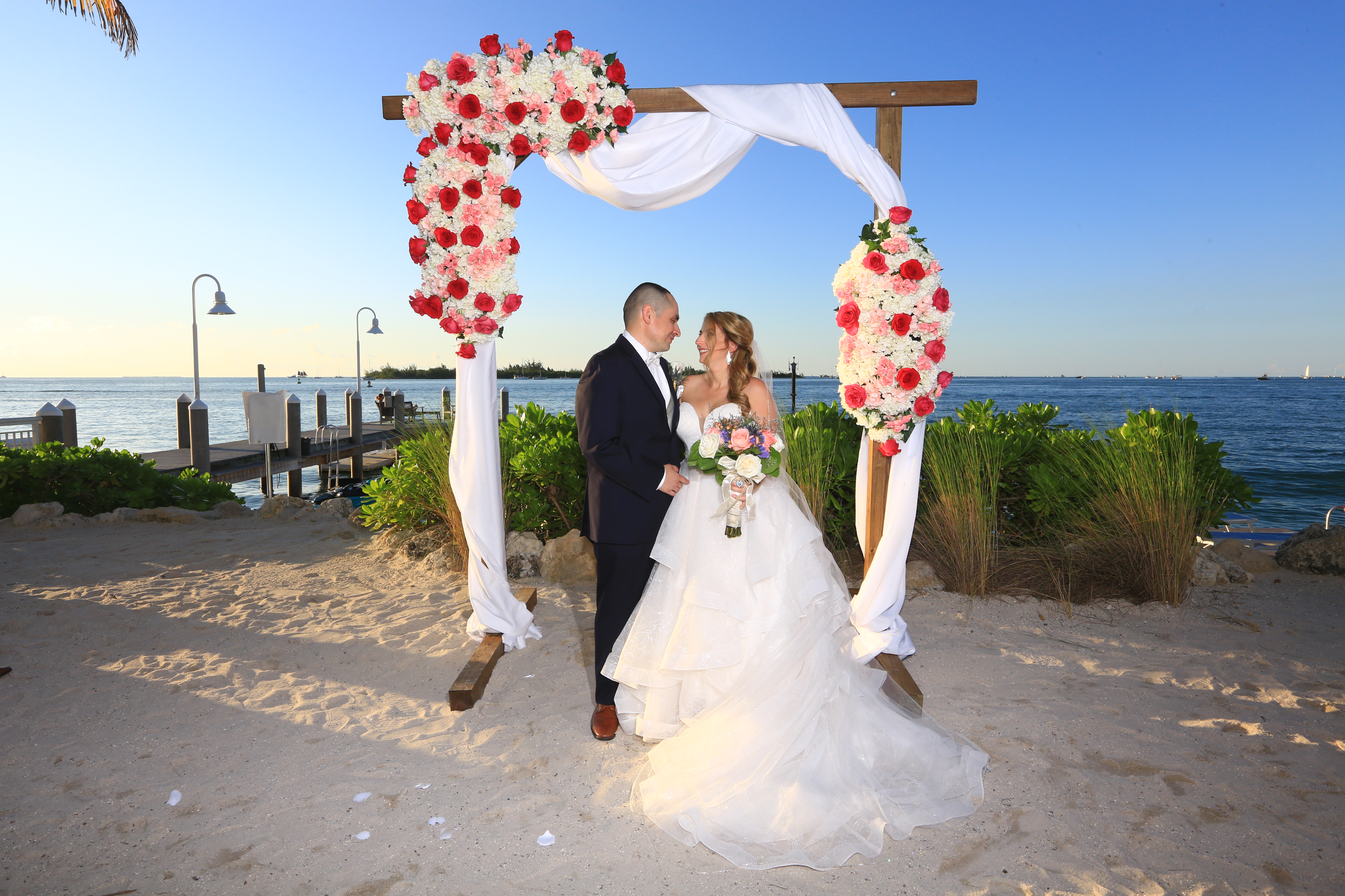 bride and groom in beach wedding