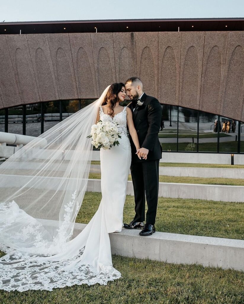 bride and groom embracing