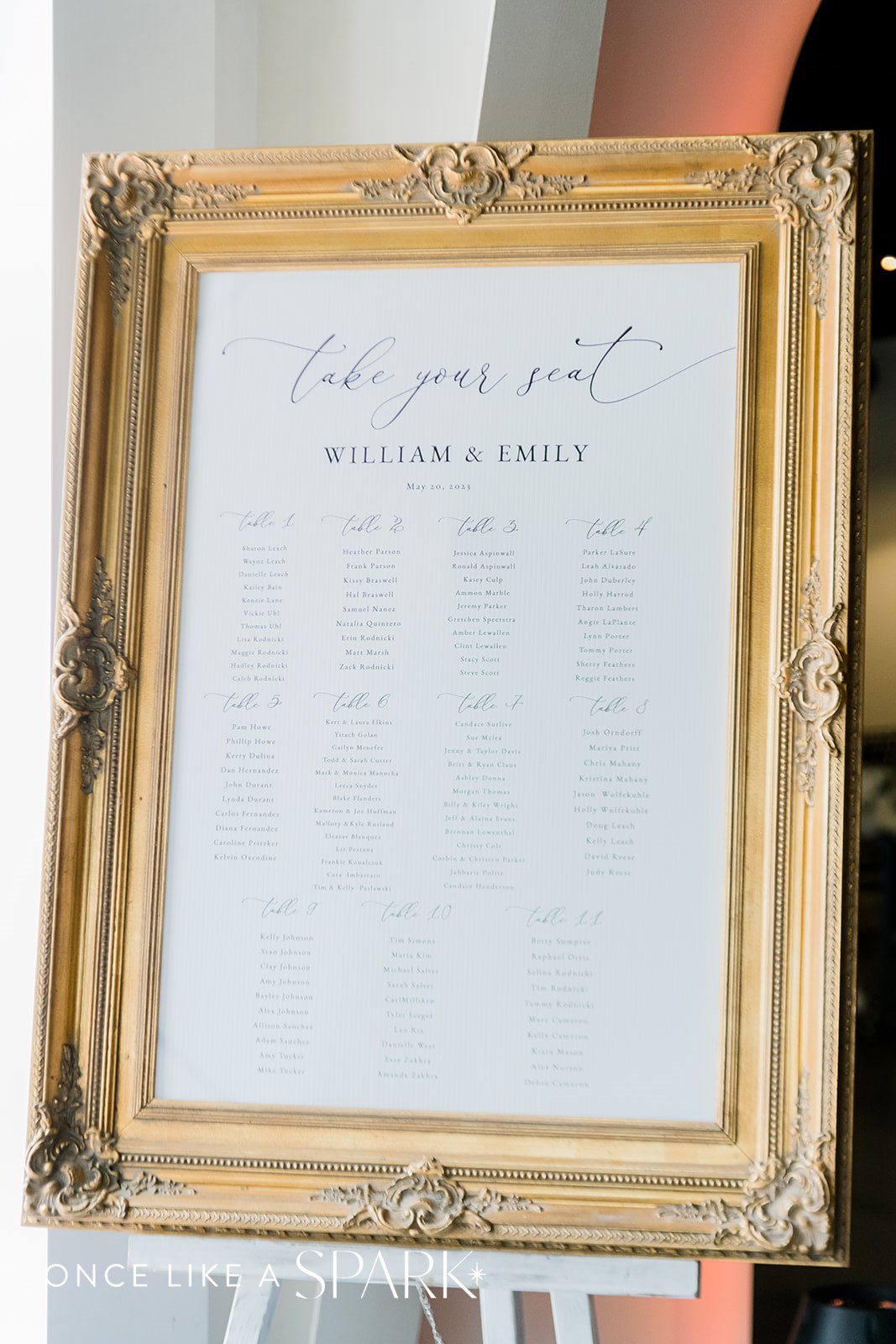 reception table arrangements framed in gold frame